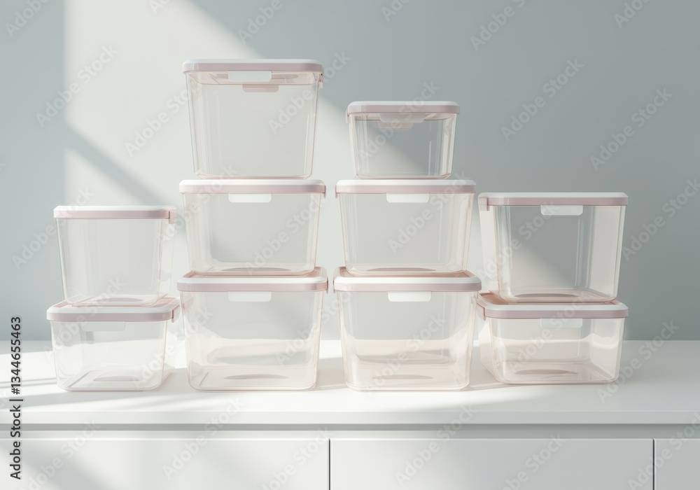 Poster stack of transparent storage containers with pink lids on a white surface