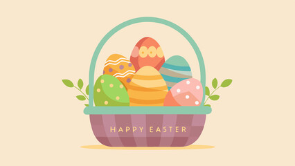 A basket filled with decorated easter eggs and green leaves on a beige background. Perfect for Spring Invitations, Holiday Branding, and Creative Event Projects