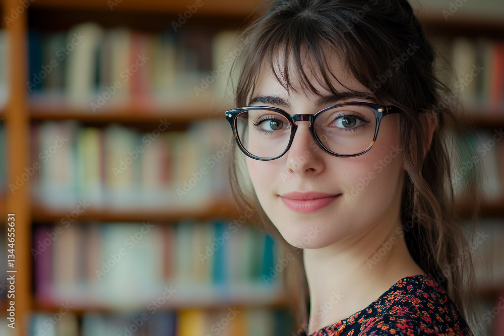 Poster an image of student in large library among books generative ai concept