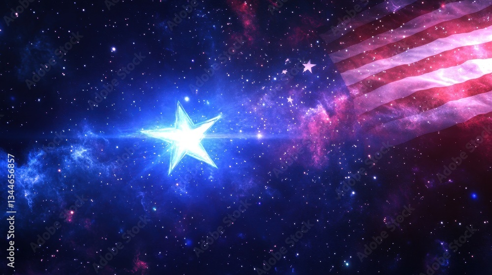 Poster bright starry celestial display with a waving flag in space