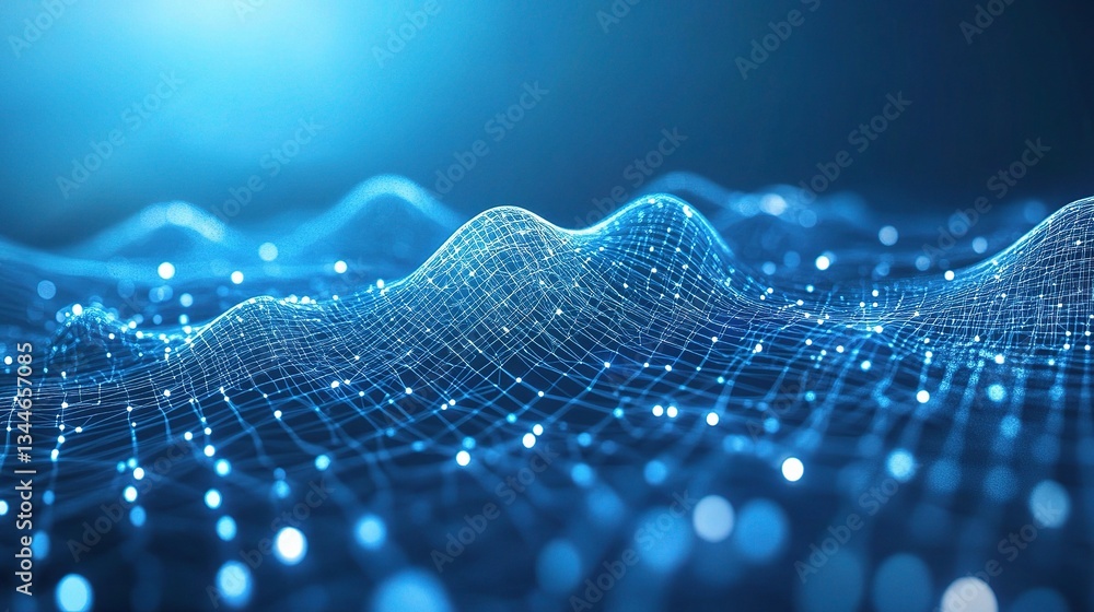 Poster digital data waves in cyber space with nodes and particles visuals