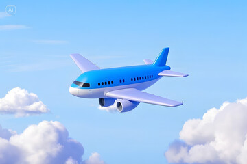 Obraz premium Blue Airplane Soaring in Clear Blue Sky with Fluffy Clouds. 