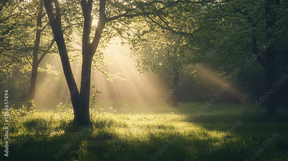 Poster soft morning light filtering through spring trees in a serene forest