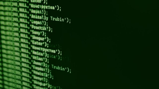 Blurry fast-moving green lines of code appear on a screen, creating a futuristic Matrix-style effect, symbolizing hacking, data processing, or AI. A close-up shot of a computer screen.