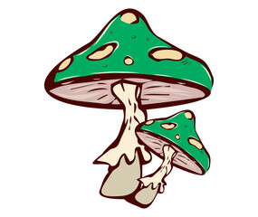 Cartoon Illustration of Two Vibrant Green Mushrooms with Unique Patterns