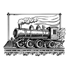 Intricate vintage engraved illustration of a classic steam locomotive capturing the essence of bygone travel and engineering design