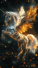 Obraz premium A golden winged unicorn rearing up against a dark background