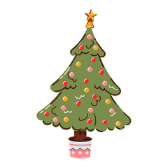 Decorative Christmas Tree Illustration with Colorful Ornaments and a Star Topper