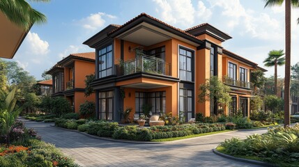 Fototapeta premium Luxurious orange villa with patio, garden, and driveway.