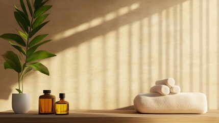 Serene Spa Setting with Natural Light - Soft sunlight illuminates a spa scene featuring amber bottles, rolled towels, and a leafy plant. Perfect for wellness, beauty, and relaxation themes