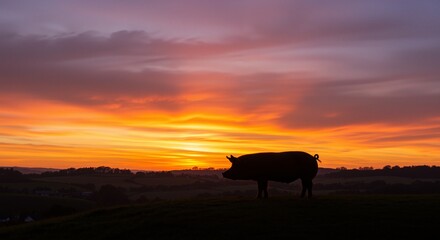 Silhouette of a pig against a vibrant sunset displaying rich orange and purple hues, evoking tranquility and natural beauty as it stands on rolling hills.