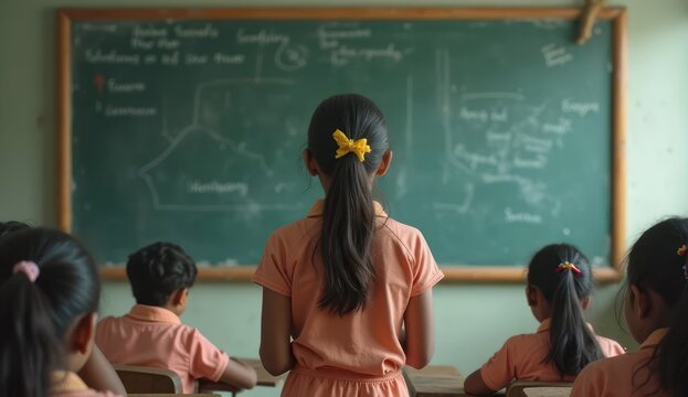 indian schoolgirl writing in notebook during class