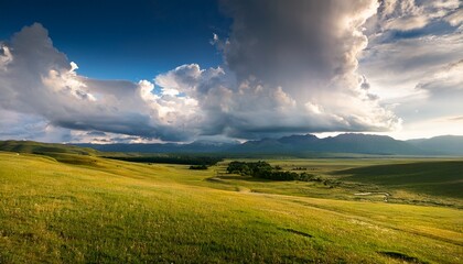 Obraz premium green field and blue sky with clouds