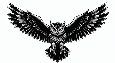 Obraz premium Majestic Great Horned Owl in Flight: A Black and White Illustration