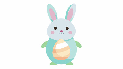 Obraz premium A light blue bunny holding an egg with stripes stands on a white background alone. Perfect for Spring Invitations, Holiday Branding, and Creative Event Projects