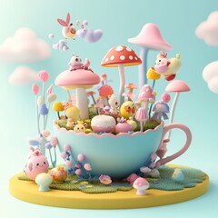Obraz premium A whimsical miniature landscape featuring cartoon creatures and mushrooms