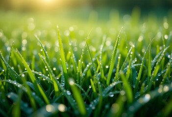 Obraz premium Fresh spring grass with dew - macro shot of bright green blades of grass covered in sparkling morning dew with soft bokeh effect in the background