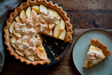 Delicious apple pie is freshly baked and garnished with whipped cream and a sprinkle of cinnamon,...