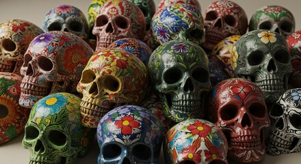 Fototapeta premium Colorful decorative skulls adorned with floral patterns presenting a festive and lively atmosphere, symbolizing celebration and remembrance during the Day of the Dead