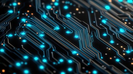 Detailed Close-Up of Electronic Pathways on a Metallic Circuit Board in Blue Glow
