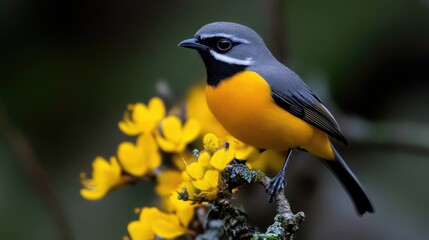 Obraz premium Vibrant yellow bird perched on flower cluster
