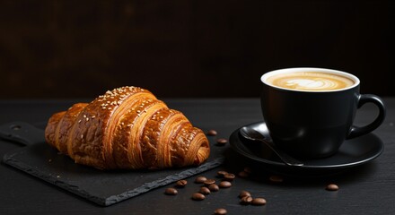 Delicious croissant with sesame seeds next to a steaming black coffee cup conveying warmth and comfort on a dark wooden surface