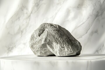 A sculpted eagle rests on a grey stone, a serene and artistic depiction of nature's power.