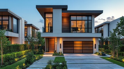 Modern two-story house with a contemporary design, featuring large windows, a wooden garage door, and a landscaped front yard at dusk.