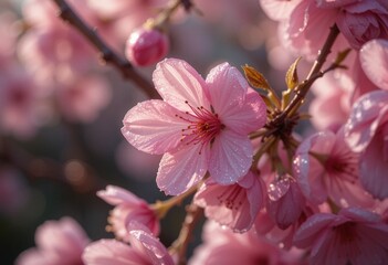 Obraz premium Spring flowers close-up, close-up of delicate cherry blossoms in full bloom covered with morning dew
