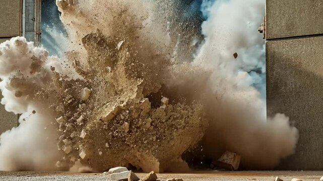 Dramatic building explosion creates a dynamic scene with smoke and debris scattering