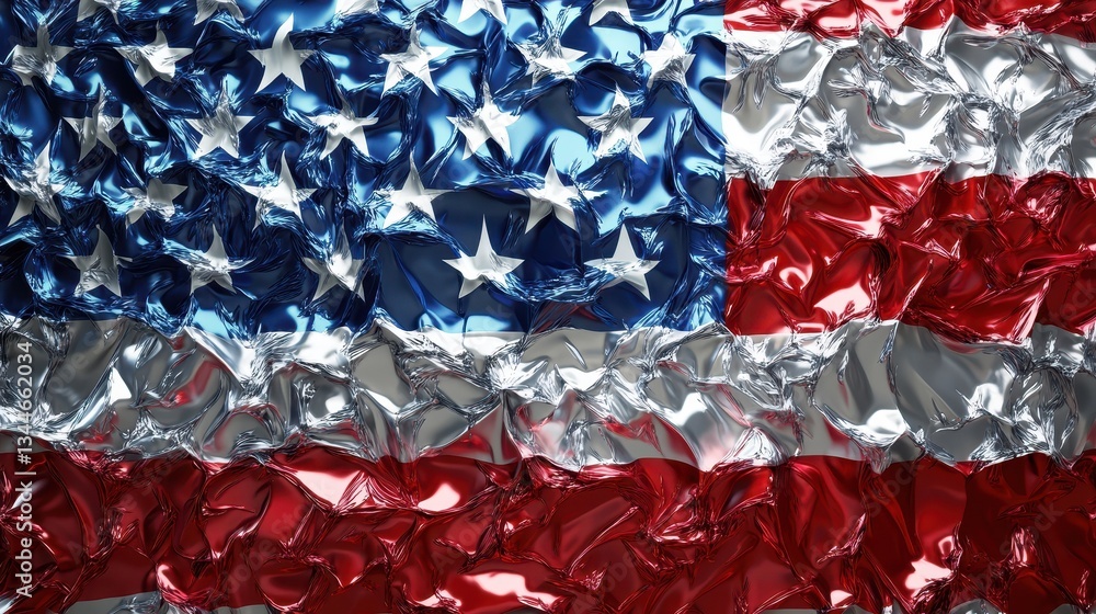 Poster a rendered american flag displaying metallic reflective textures and colors