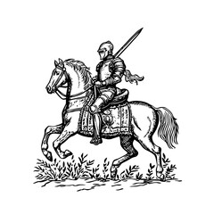 Fototapeta premium Engraved illustration of a knight on horseback charging through a field with sword drawn in a vintage, hand-drawn style