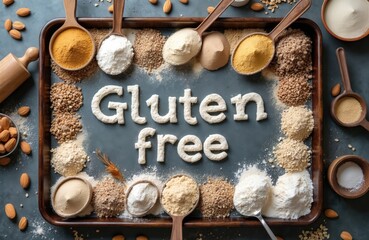 Top view flat lay of gluten free inscription made of flour, surrounded by different sorts of flour like almond, buckwheat, rice, corn, oatmeal. Healthy food concept for celiac disease diet, vegan,