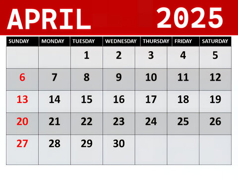 April 2025 Calendar: Simple, clear calendar layout featuring the month of April 2025, with highlighted weekend days in a vivid red, offering a straightforward approach to scheduling.