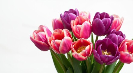 Fototapeta premium Colorful tulips in a bouquet conveying joy and celebration, symbolizing growth and beauty against a soft white background