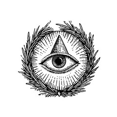 Fototapeta premium Intricate hand-drawn engraving of a mystical eye surrounded by foliage in a vintage monochrome design
