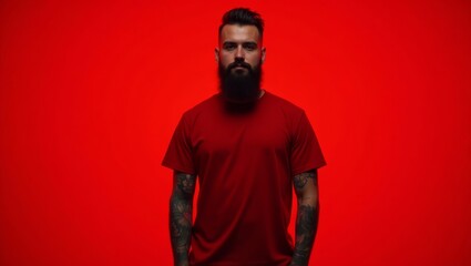Naklejka premium Stylish man in red tshirt with tattoos
