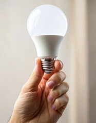 Eco Green Energy Concept: Hand Holding LED Light Bulb with Leaves on Light Background