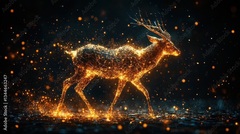 Poster an illuminated deer walking across a dark and sparkly backdrop