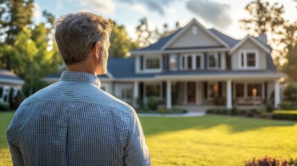 Man admiring a large suburban house at sunset.