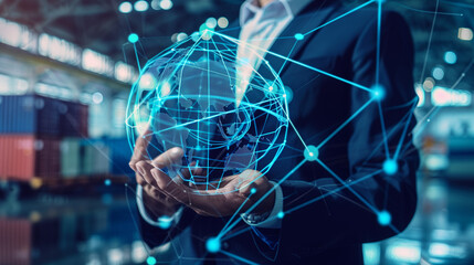 Businessman hold global supply chain management responsibilities with network connected to manufacturers and distributors. Technology enhances efficiency and resilience across the supply chain