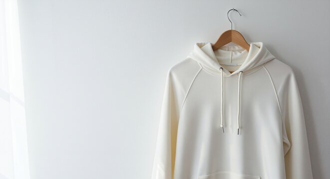 Hooded sweatshirt hanging on a wooden hanger against a simple white wall, conveying a clean, minimalist aesthetic perfect for modern fashion displays