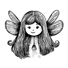 Whimsical engraving of a charming fairy with flowing hair and gentle wings