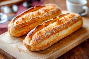 Two golden-brown loaves of crusty bread rest on a wooden board, ready for breakfast. A steaming cup...
