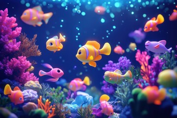 Obraz premium Colorful cartoon fish swimming through a vibrant aquatic environment