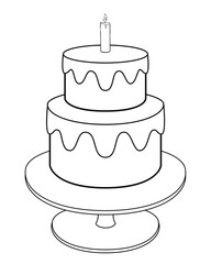 Bunk cake on a stand with icing and one candle. Holiday cake - vector linear picture for coloring. Outline. Hand drawing.	