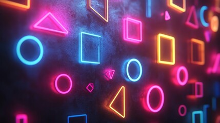Glowing neon shapes on dark background.