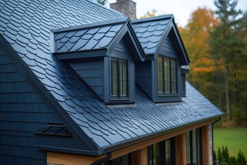 Dark blue metal roof tiles on a contemporary house with stylish dormer windows