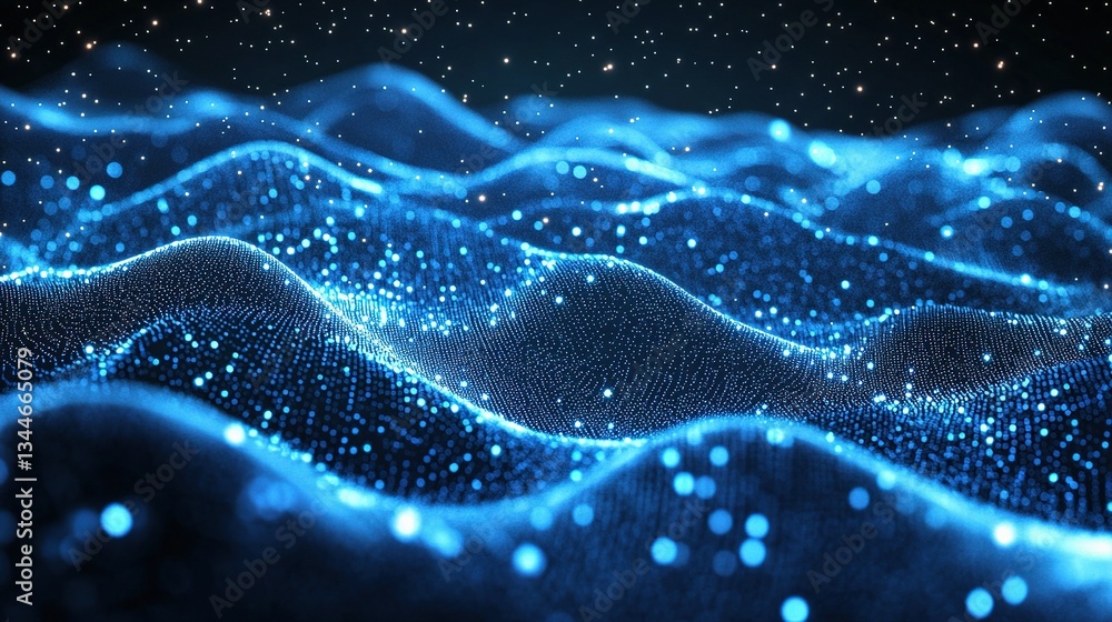 Poster glowing blue particles in a mesh background with ethereal lines