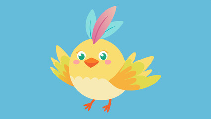 Fototapeta premium A cartoon yellow bird with feathers and pink cheeks on a light blue background. Perfect for Spring Invitations, Holiday Branding, and Creative Event Projects